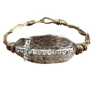 Handmade Twisted Gold Wire Silver Hammered Rhinestone Studded Cross Bracelet